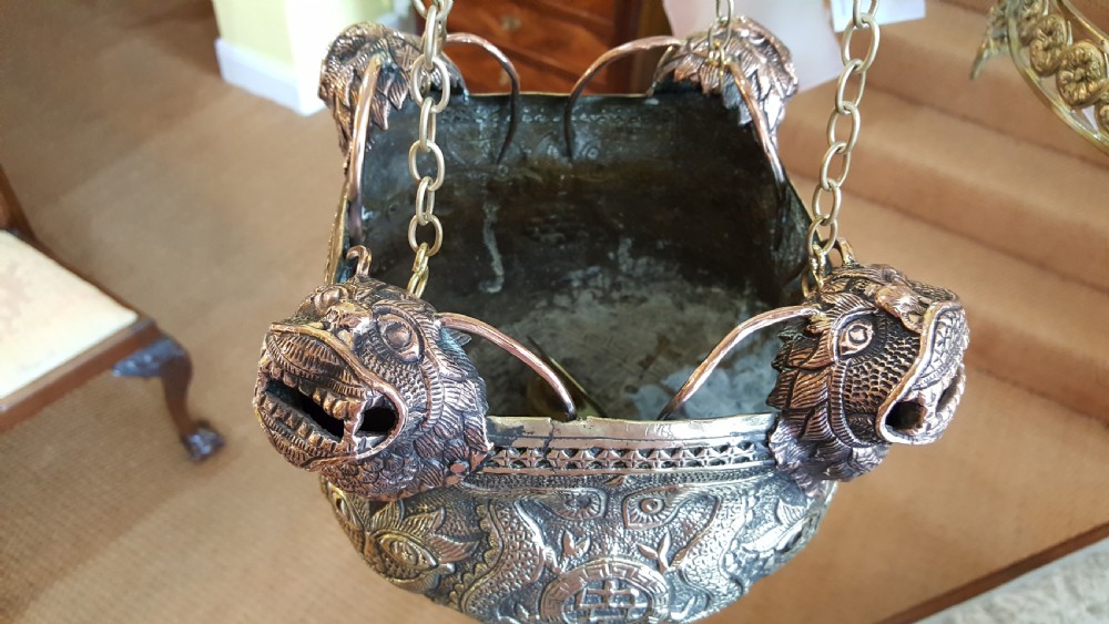 19th century Tibetan brass and copper lions head incense burner  View IV