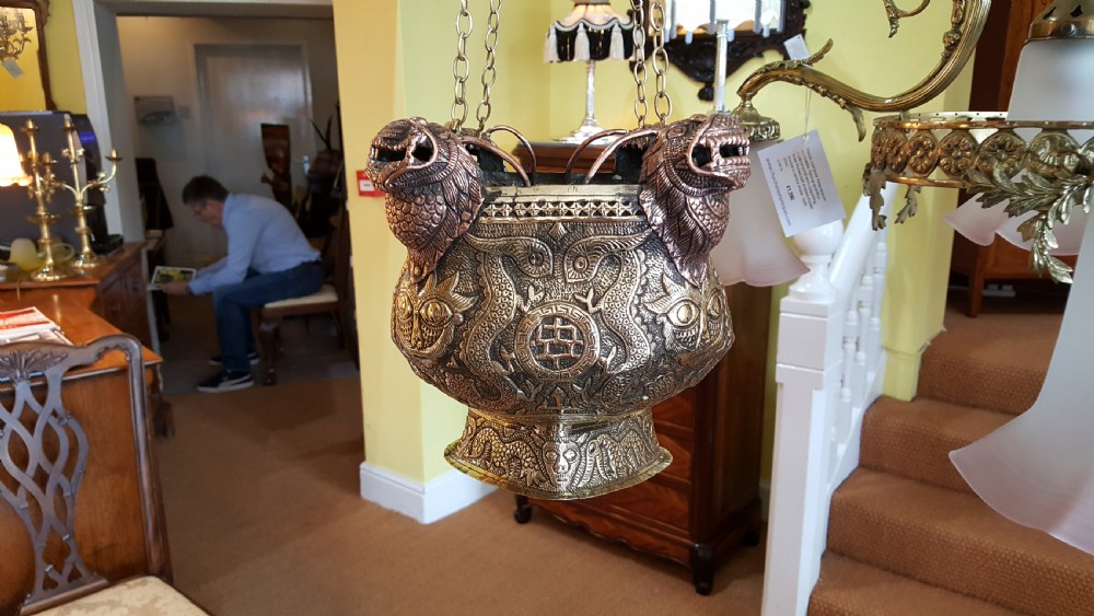 19th century Tibetan brass and copper lions head incense burner  View V