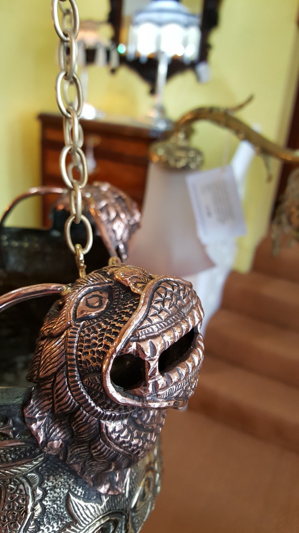 19th century Tibetan brass and copper lions head incense burner  View VI