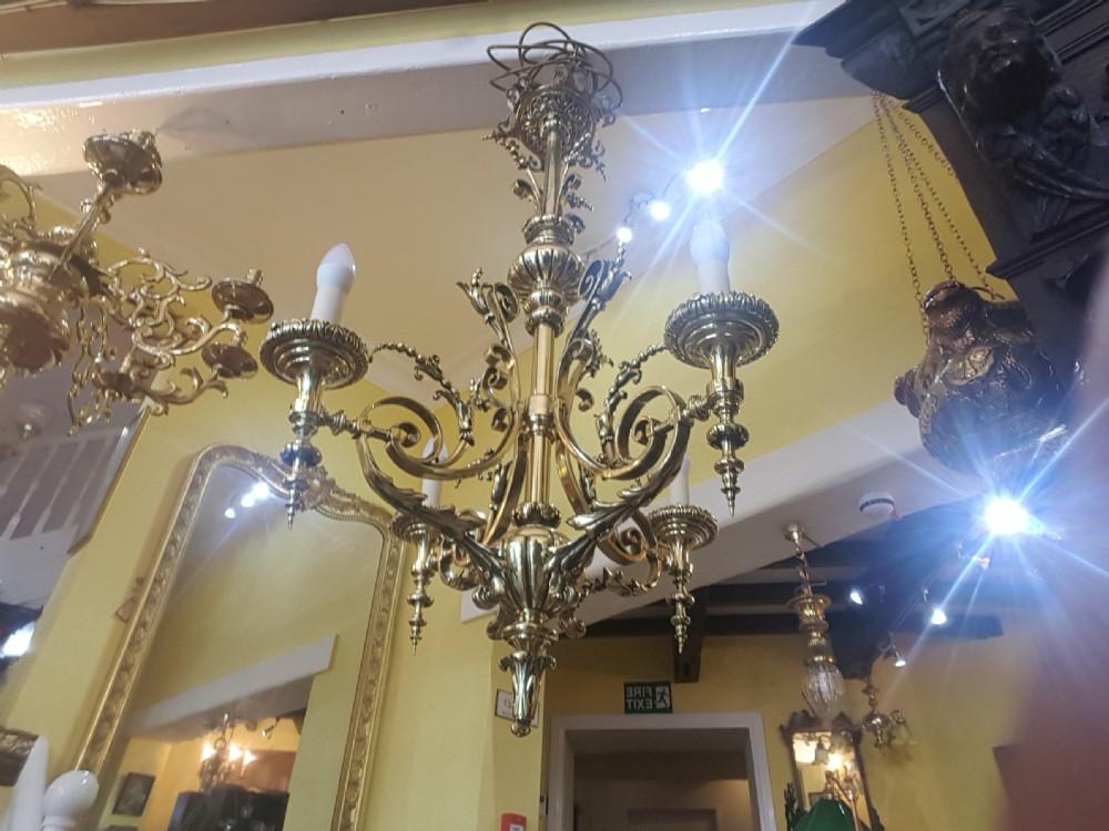 Late 19thC Brass 4 Arm Chandelier View IV