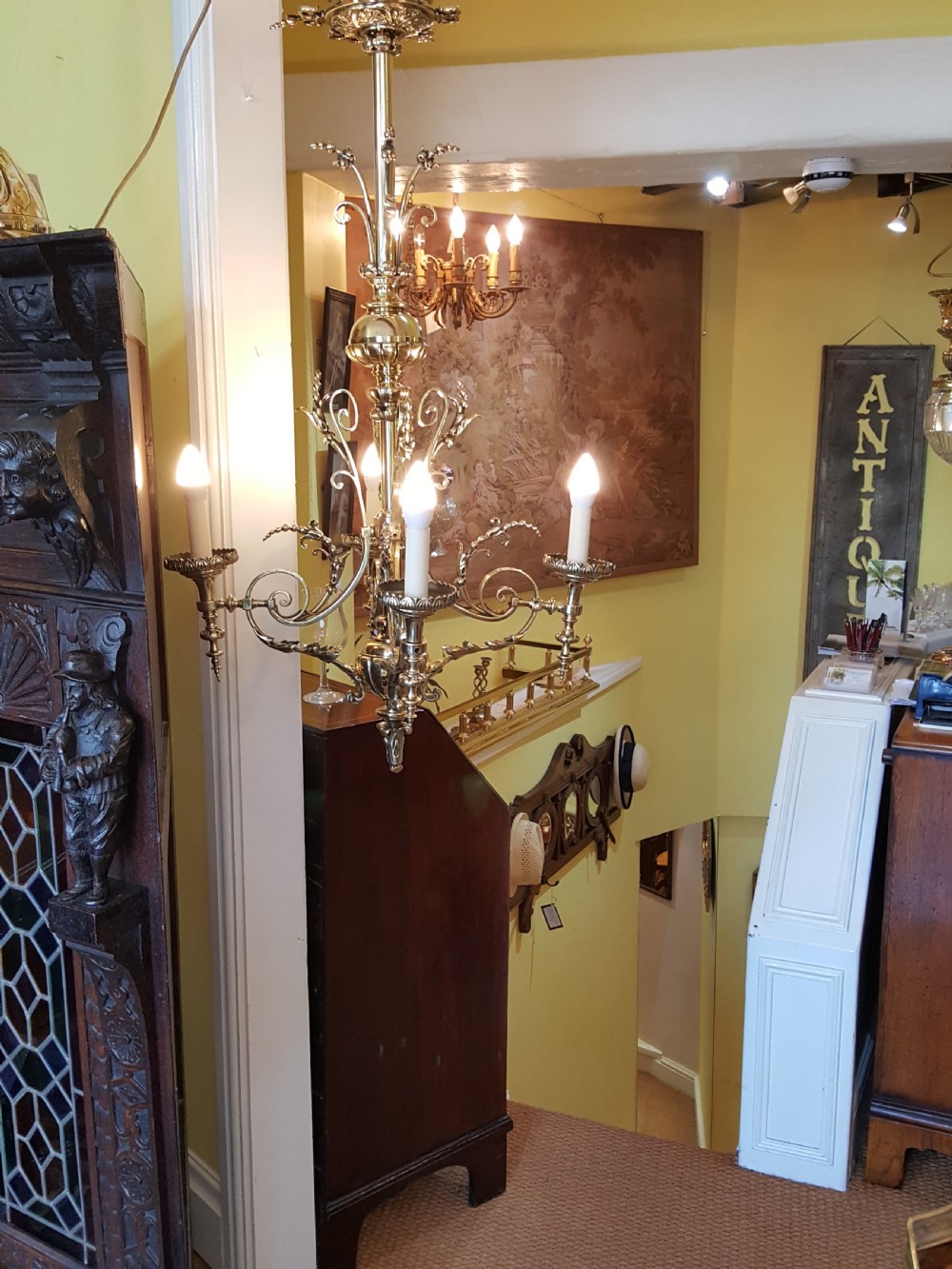 Late 19thC Brass 4 Arm Chandelier View XI