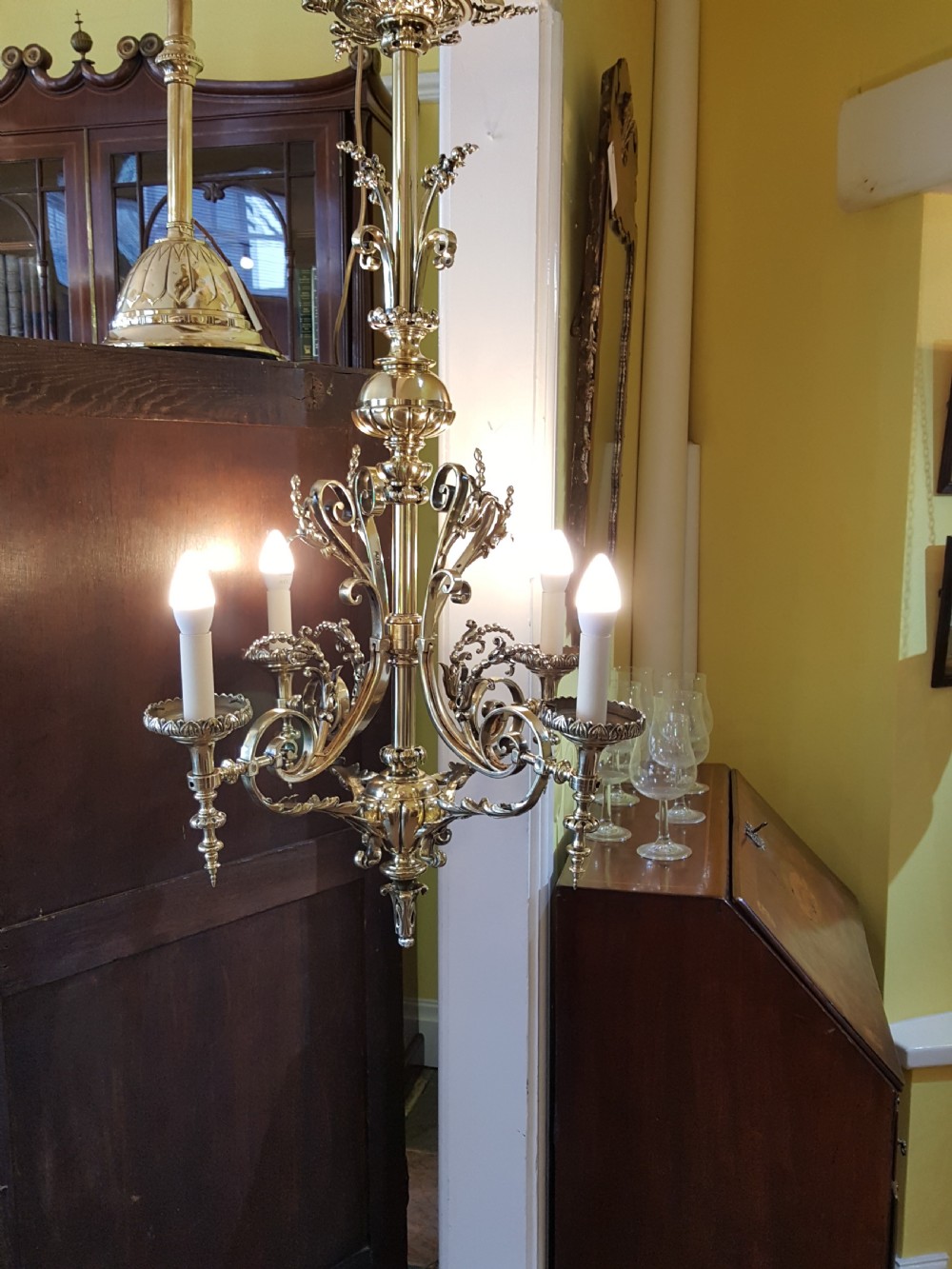 Late 19thC Brass 4 Arm Chandelier View XII