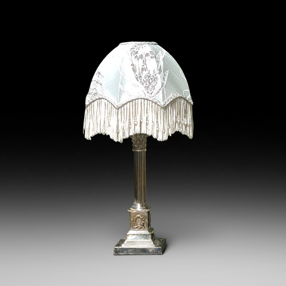 Early 20thC Silverplated Corinthian Column Table Lamp