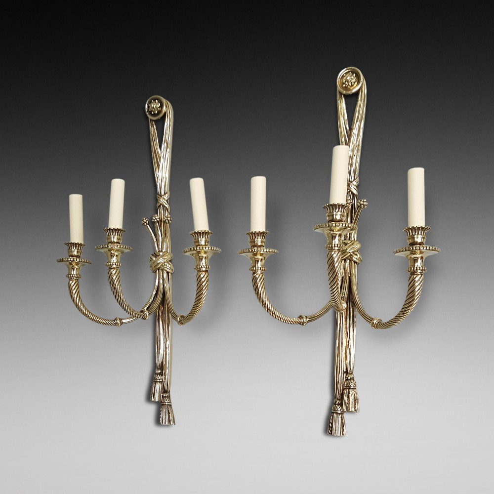 Pair of Edwardian Brass Three Branch Lamp Sconces