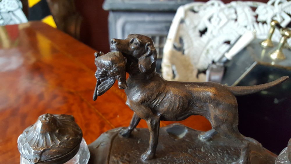 Spelter ink stand centred with a gun dog View II