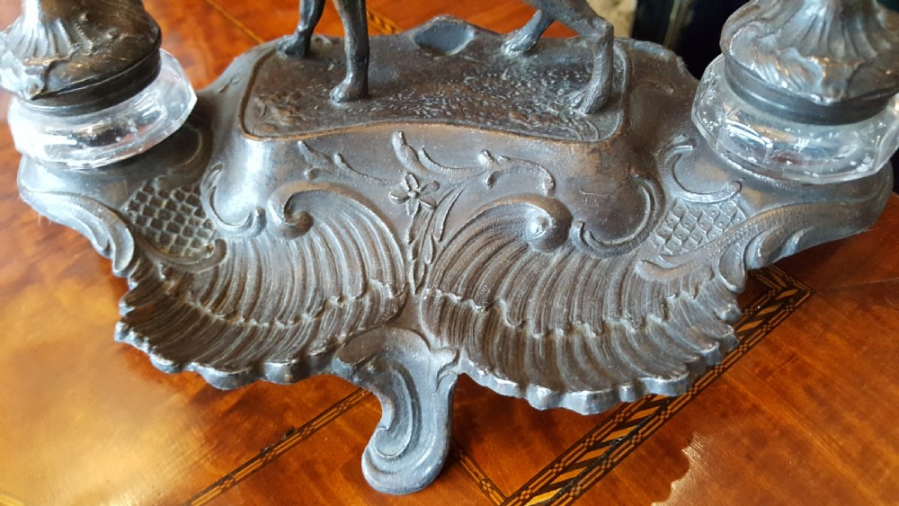 Spelter ink stand centred with a gun dog View III