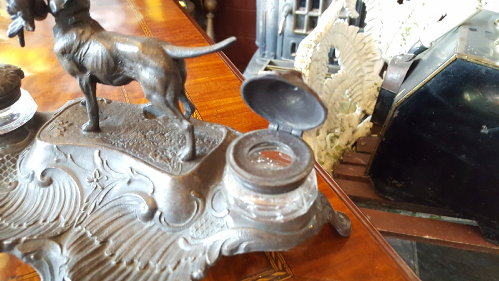 Spelter ink stand centred with a gun dog View IV