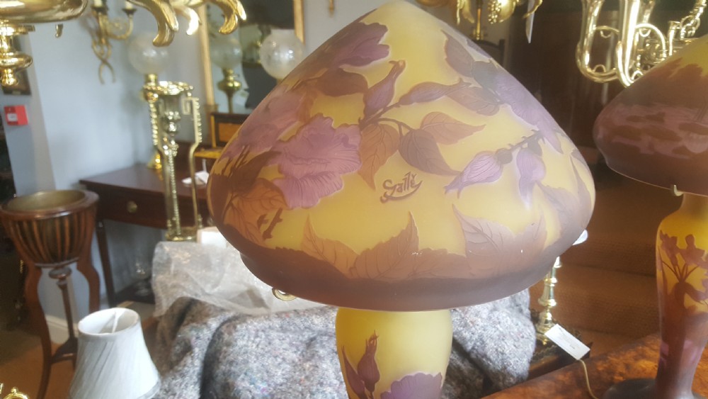 Matched Pair of Galle Art Nouveau Style Cameo Glass Table Lamps View IX