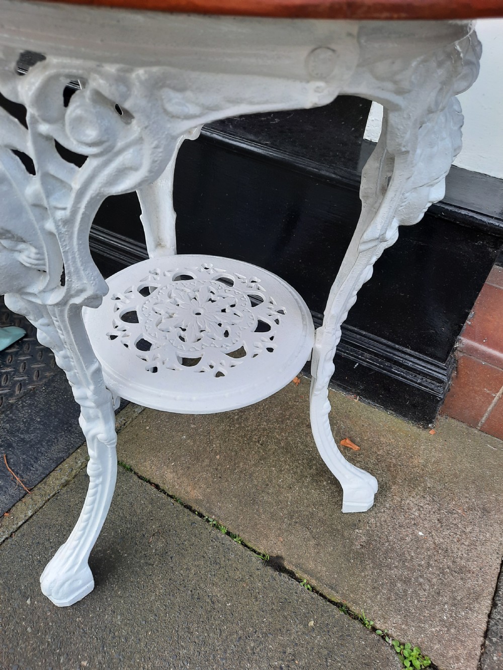 Late 19thC white painted cast iron Britannia pub garden table View IV