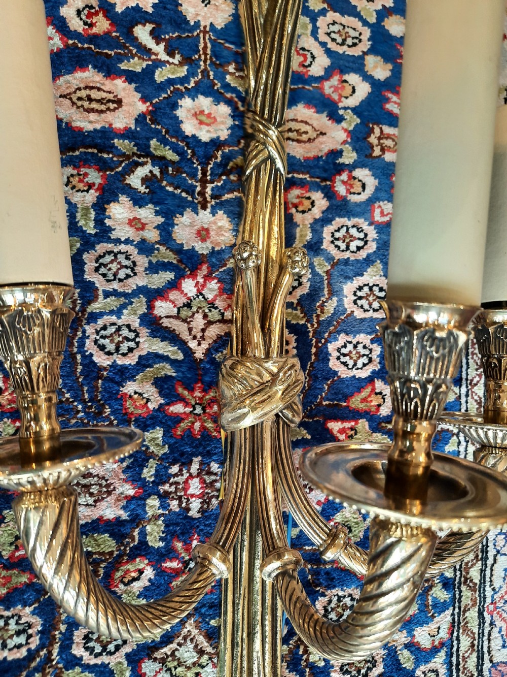 Pair of early 20thC gilt metal three branch wall light fittings View V