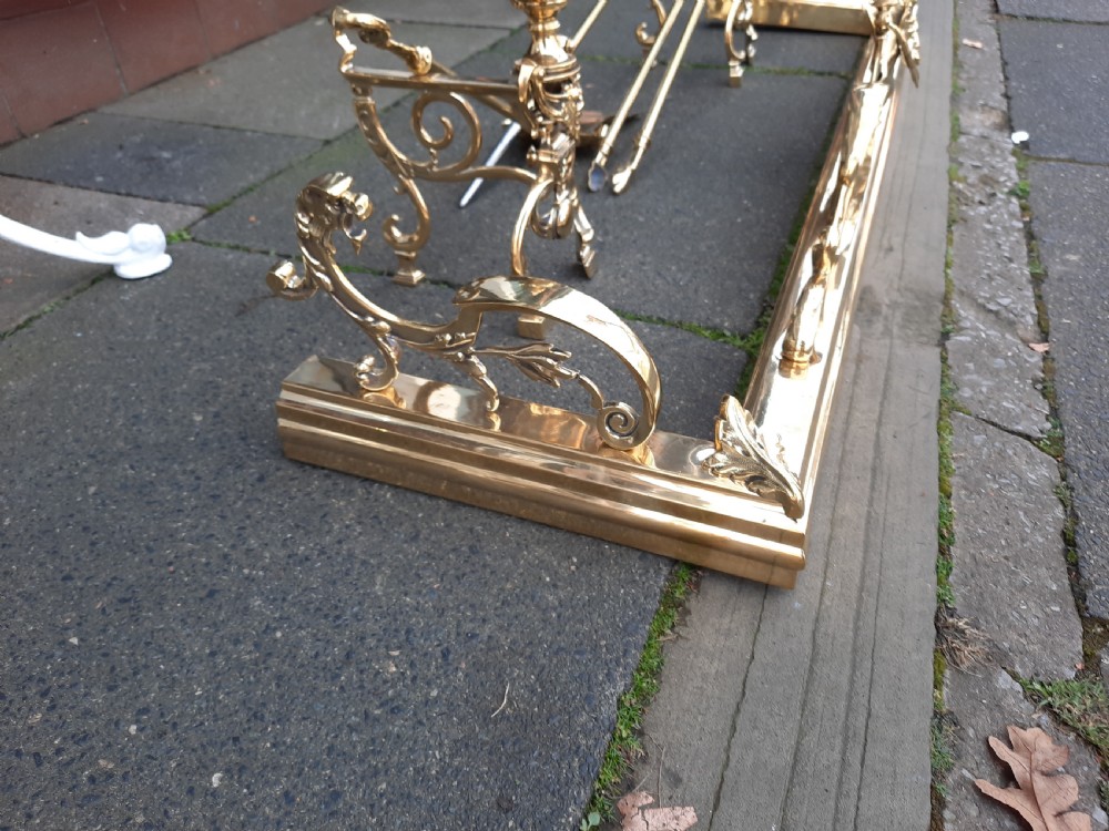 Victorian Brass Fender, Dogs and Fire Irons View II