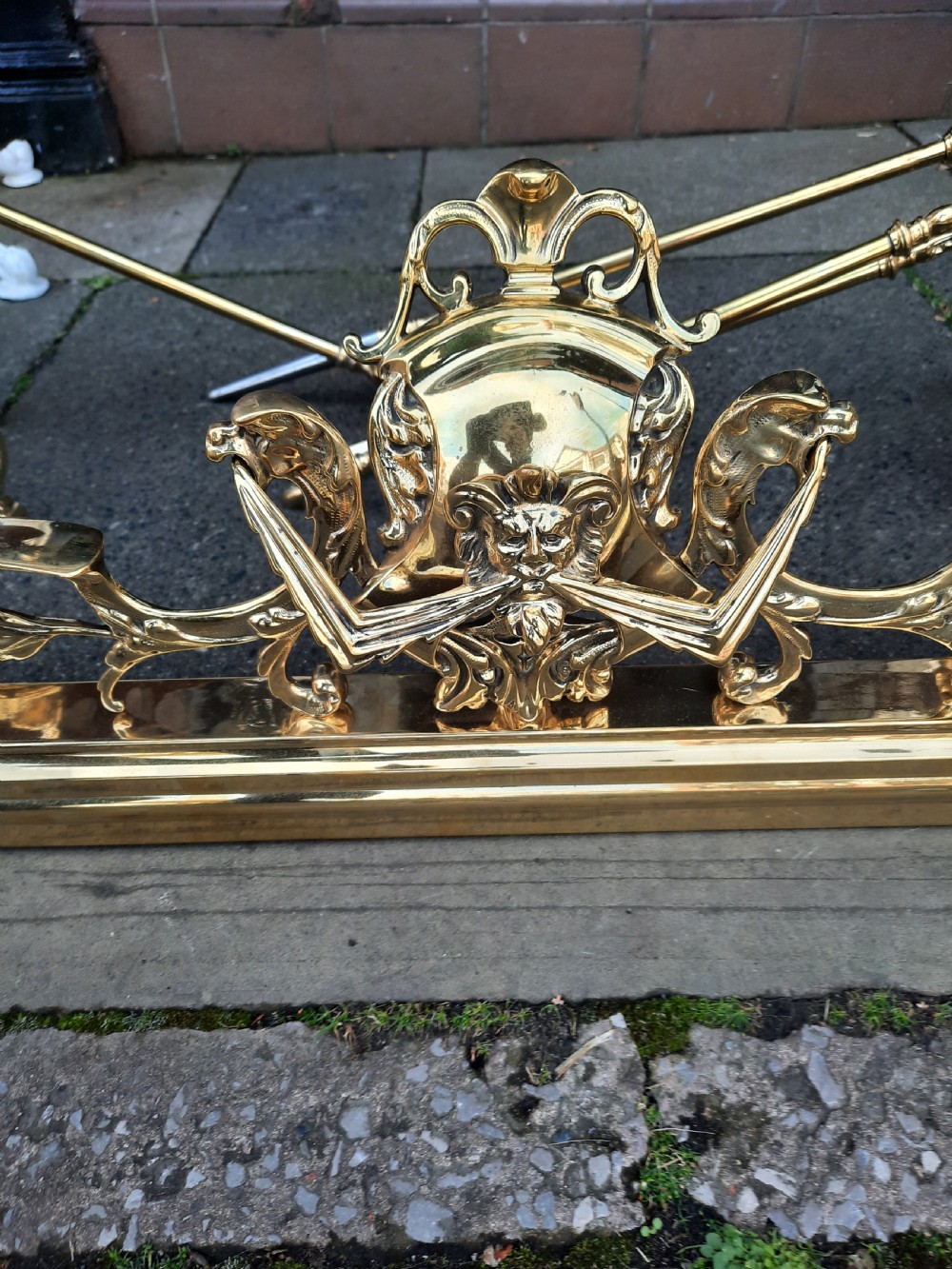 Victorian Brass Fender, Dogs and Fire Irons View III