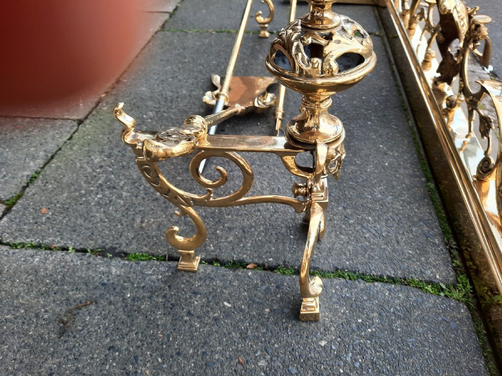 Victorian Brass Fender, Dogs and Fire Irons View V
