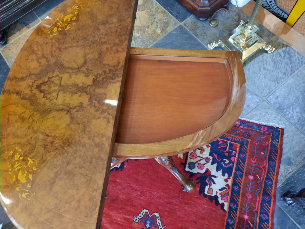 Victorian Burr Walnut Demi Lune Card Table View VIII