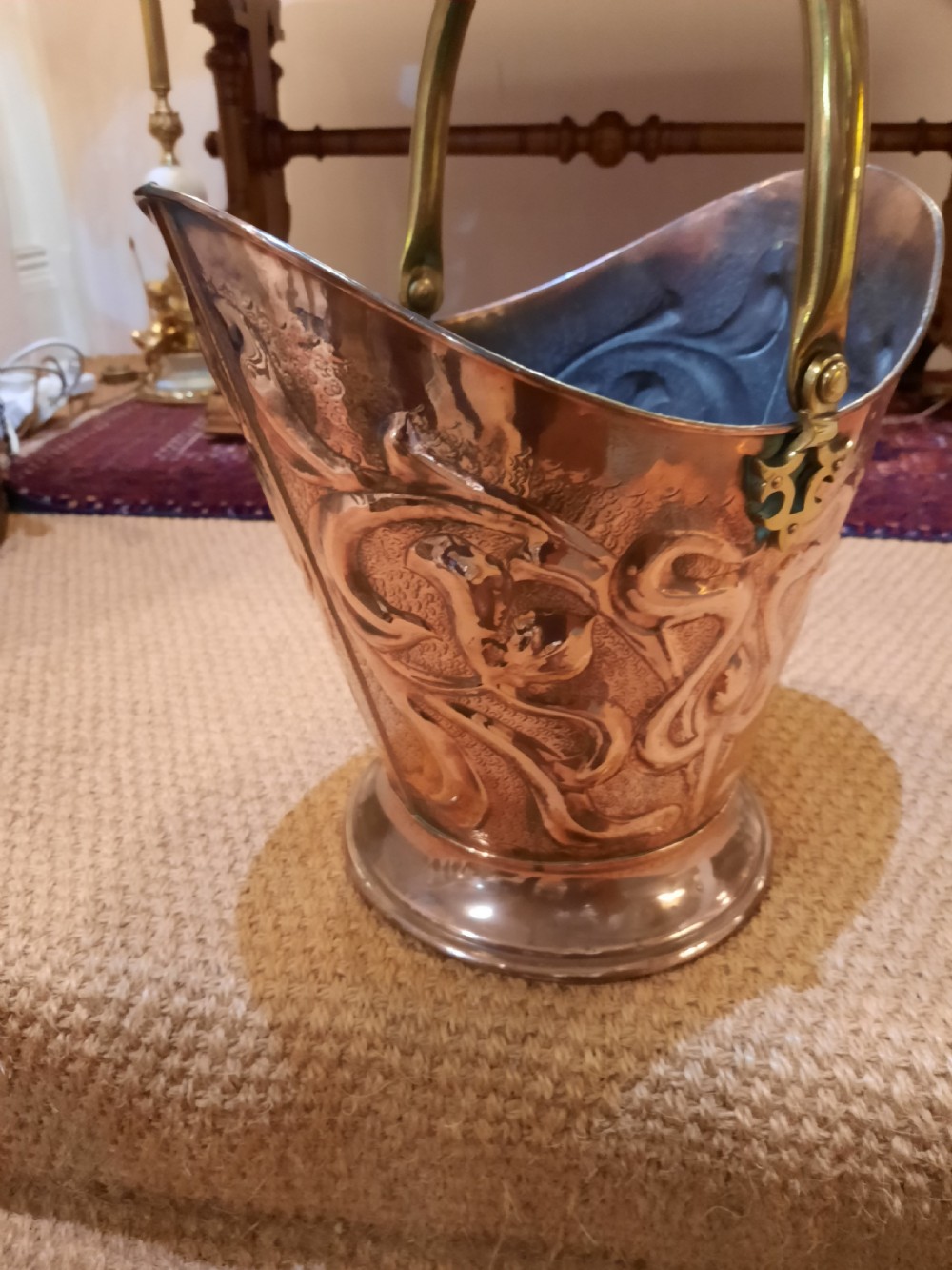 Art Nouveau embossed copper coal helmet View II
