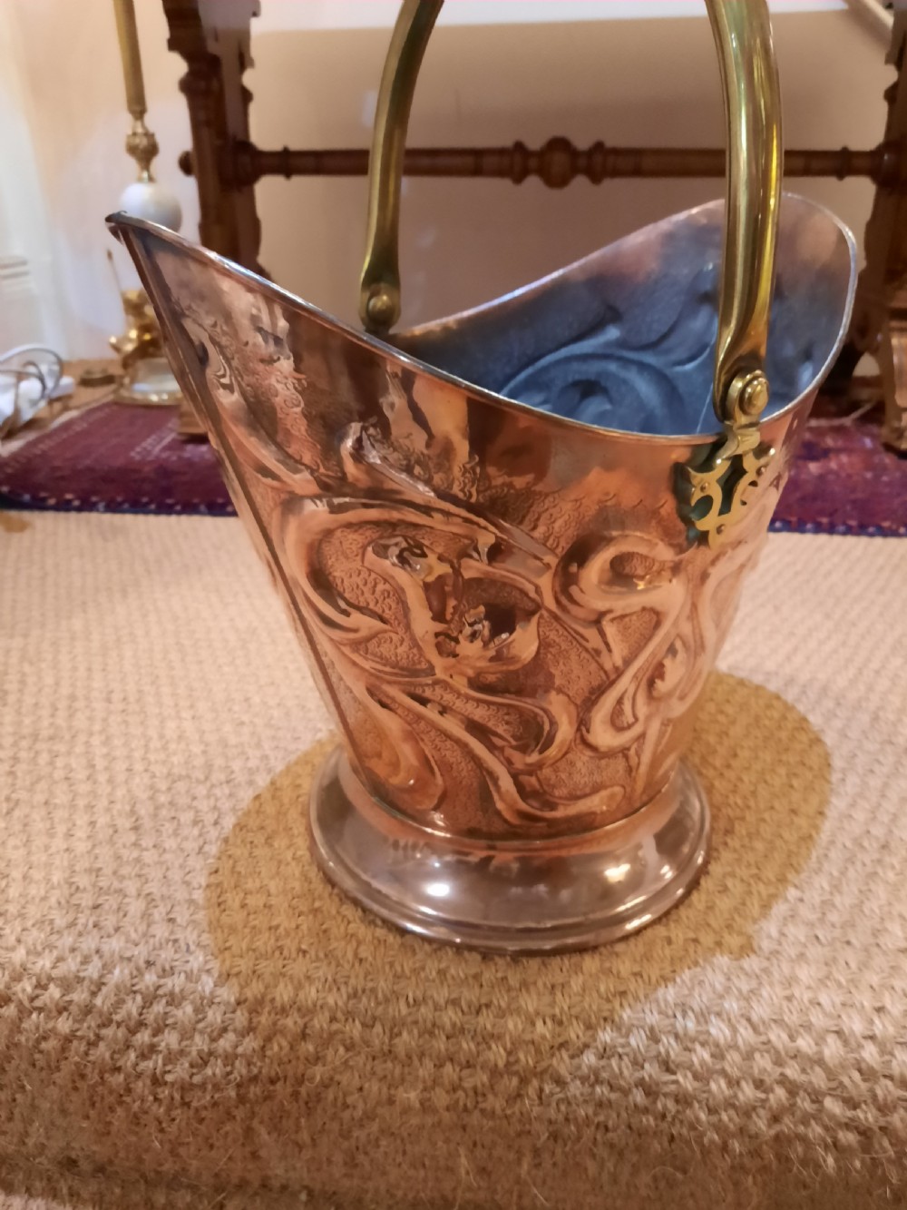 Art Nouveau embossed copper coal helmet View IV