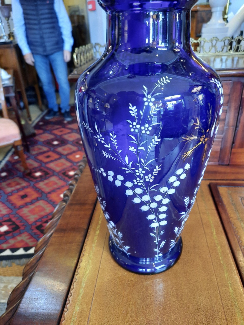 Pair of Victorian Overpainted Blue Glass Vases View II
