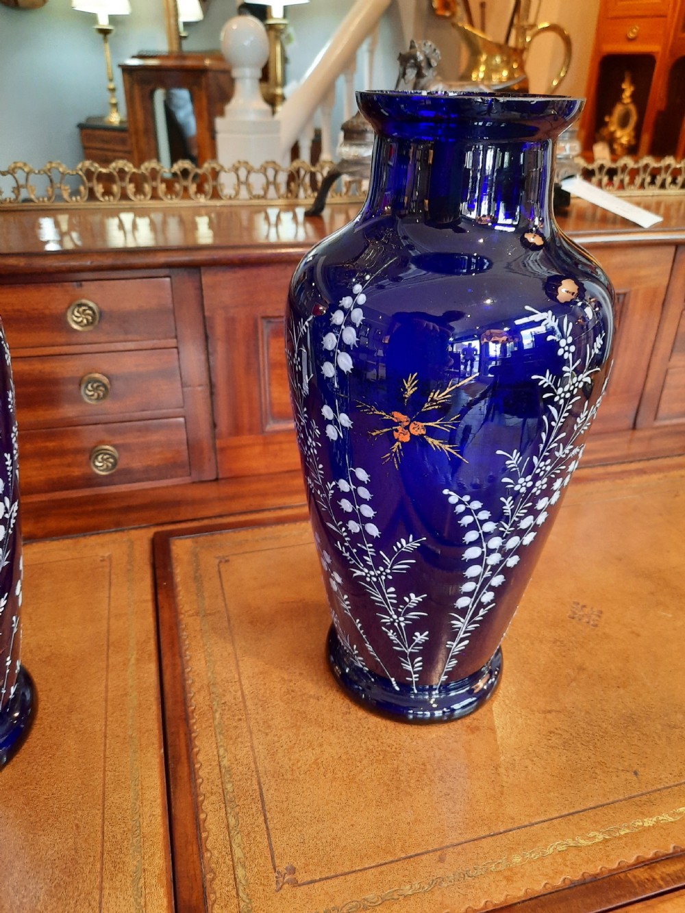 Pair of Victorian Overpainted Blue Glass Vases View III