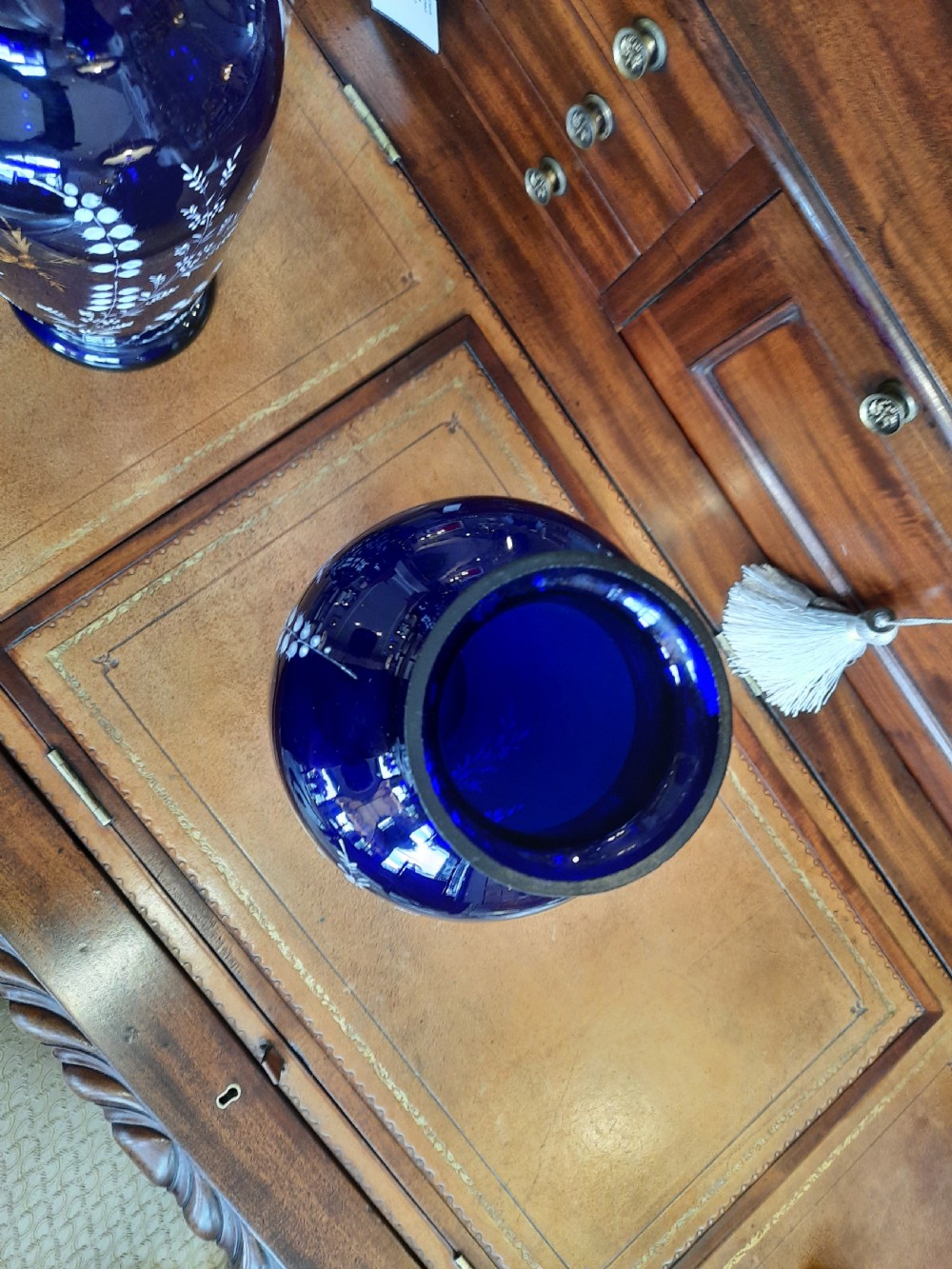 Pair of Victorian Overpainted Blue Glass Vases View IV