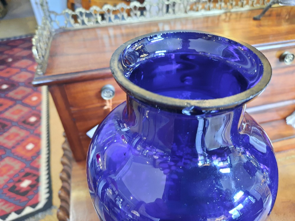 Pair of Victorian Overpainted Blue Glass Vases View V