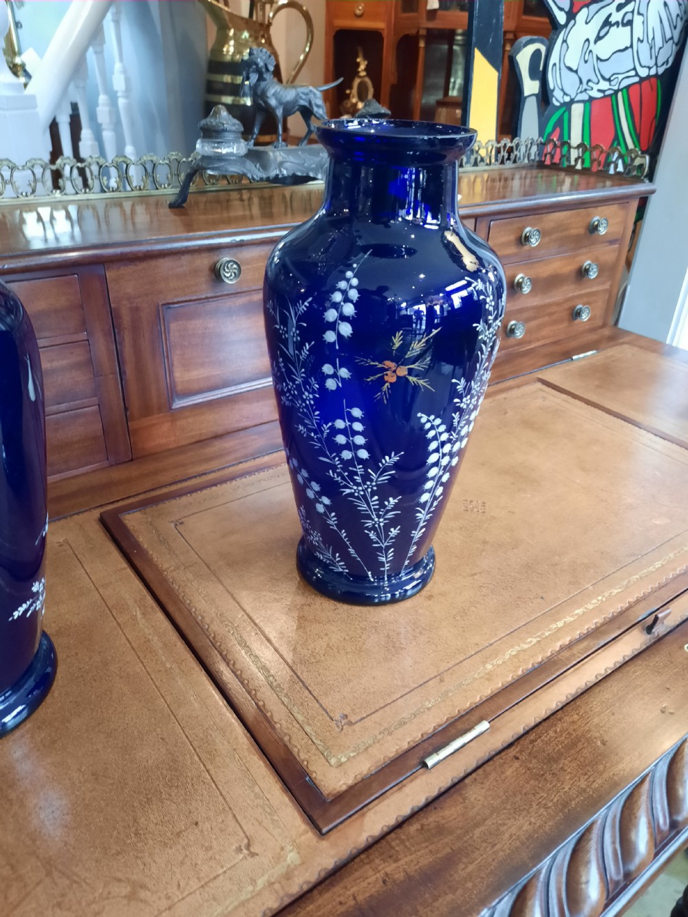 Pair of Victorian Overpainted Blue Glass Vases View VI