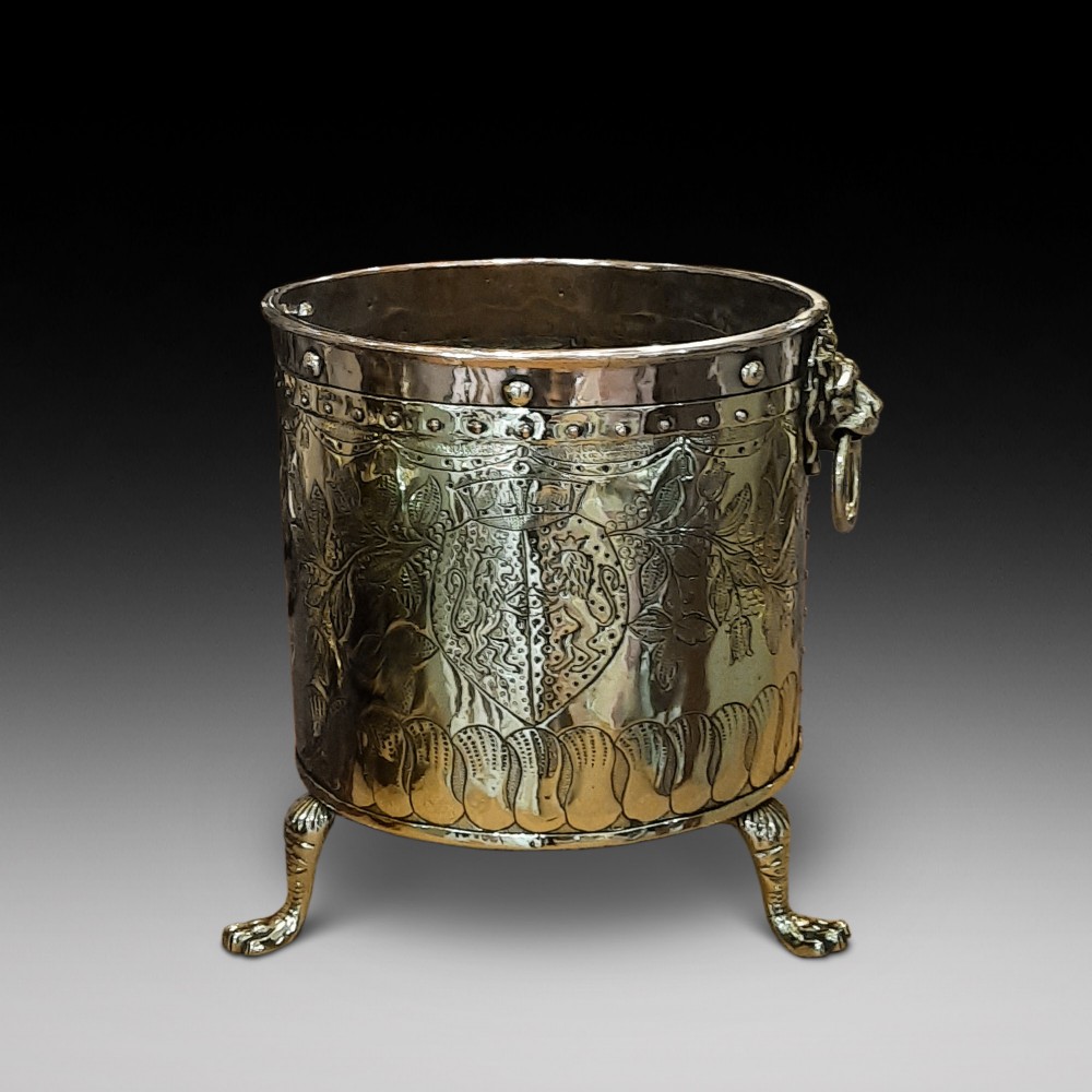 Victorian copper and brass Heraldic log bucket