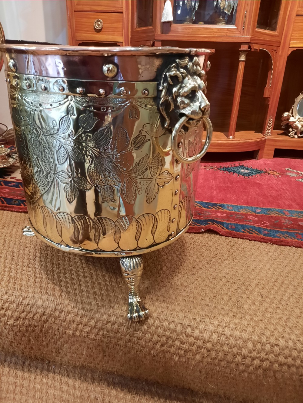 Victorian copper and brass Heraldic log bucket View II