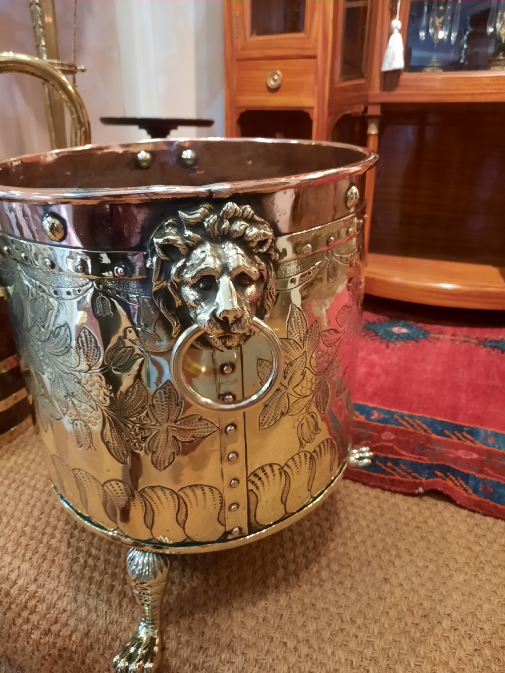 Victorian copper and brass Heraldic log bucket View III