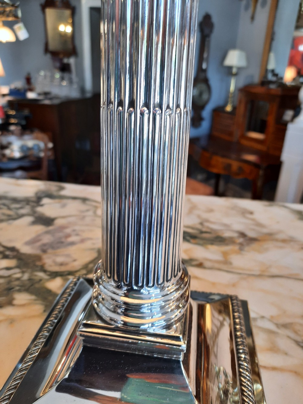 Large pair of Victorian silver plated table lamps View V