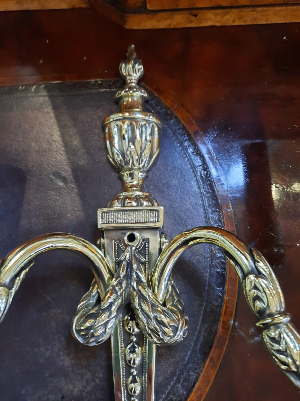 Pair of early 20thC brass twin branch wall lights View II