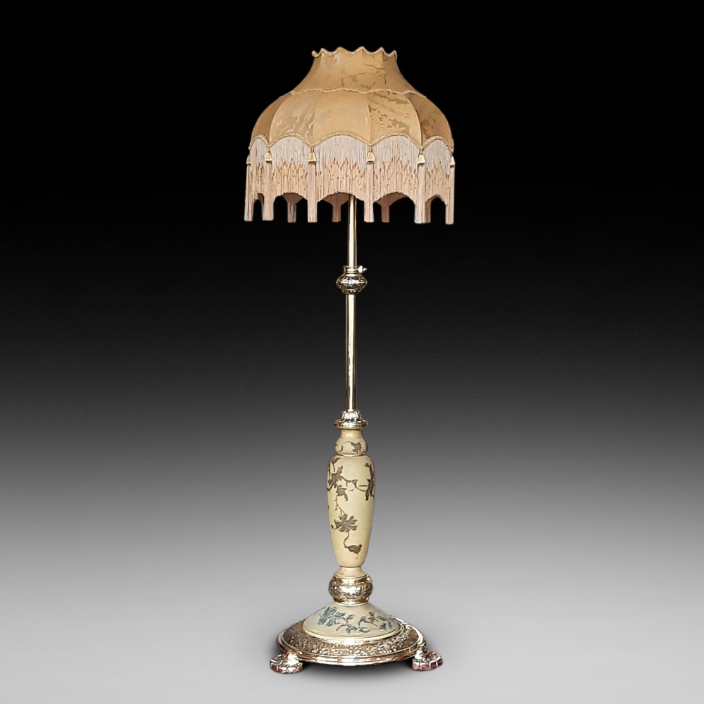 Late 19thC Brass and Earthenware Adjustable Standard Oil Lamp