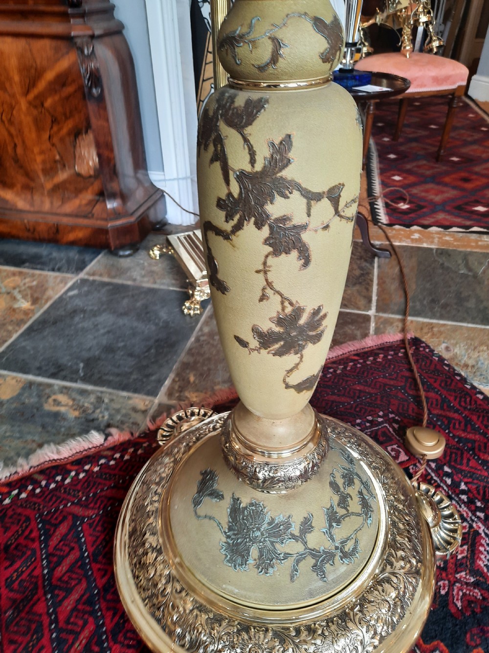 Late 19thC Brass and Earthenware Adjustable Standard Oil Lamp View V