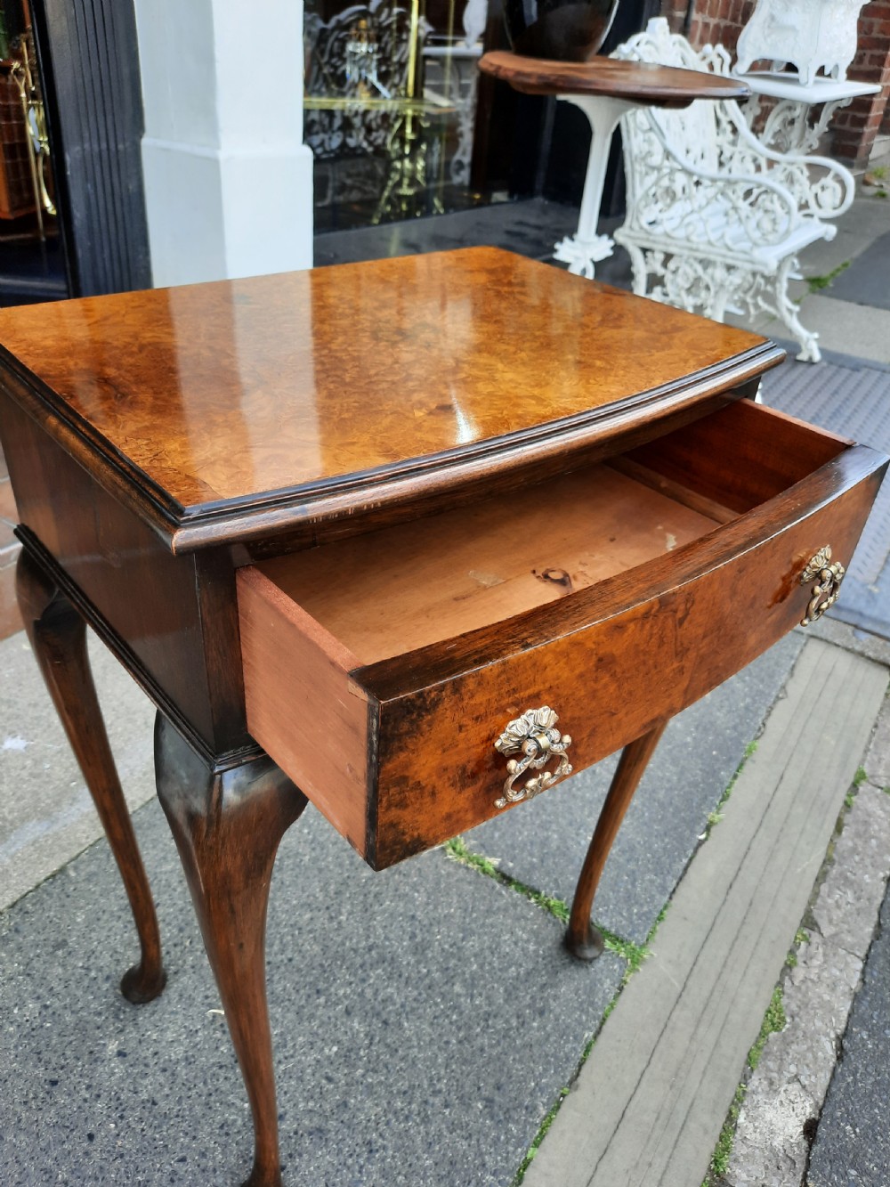 1920's Small Quarter Veneered Burr Walnut Lowboy View VI