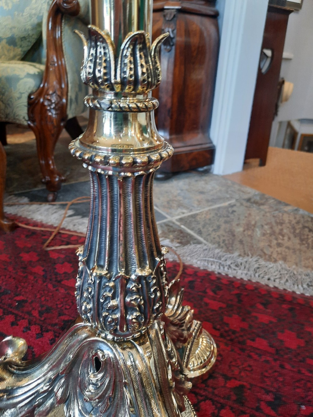 Early 20thC Adam Style Brass Standard Oil Lamp View V