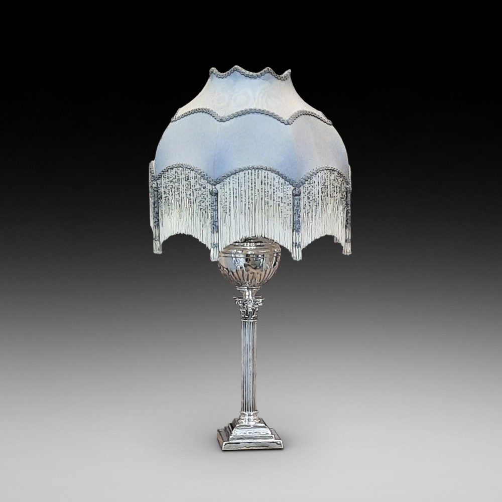 Late 19thC Silver Plated Corinthian Column Table Oil Lamp