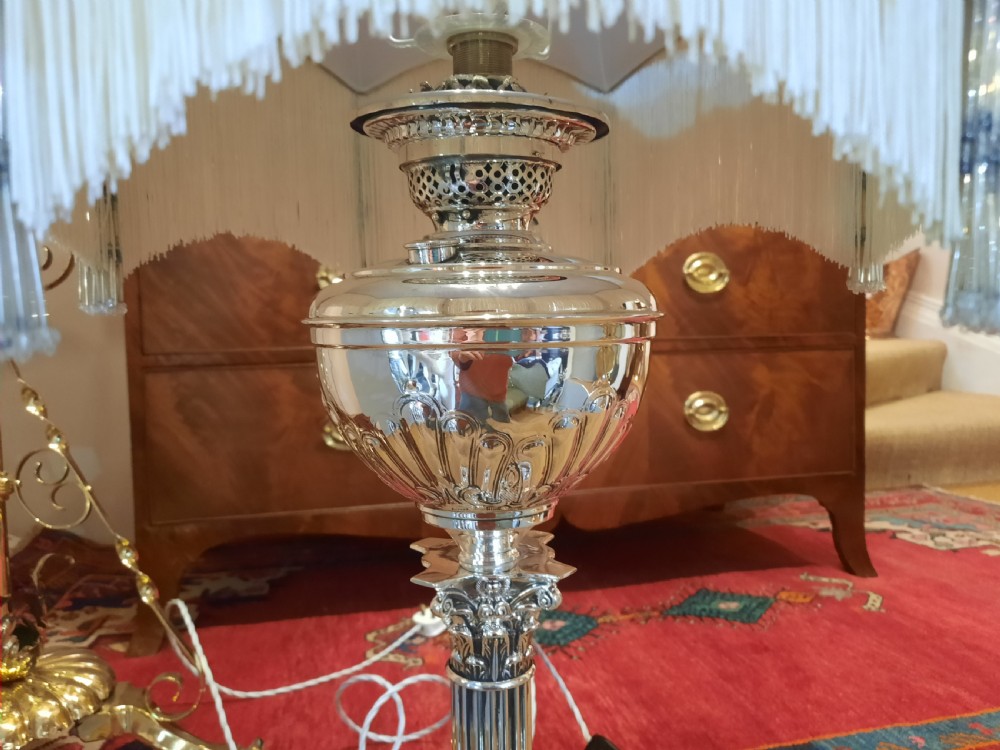 Late 19thC Silver Plated Corinthian Column Table Oil Lamp View III