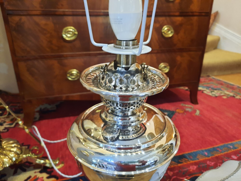 Late 19thC Silver Plated Corinthian Column Table Oil Lamp View IV
