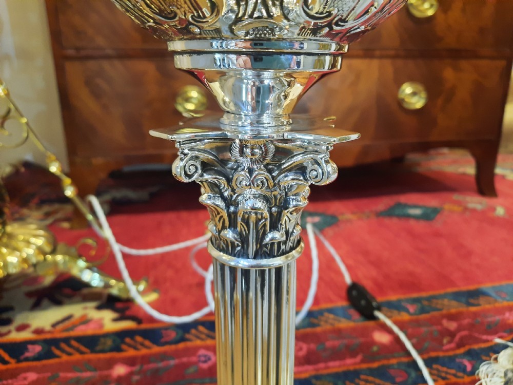 Late 19thC Silver Plated Corinthian Column Table Oil Lamp View VI