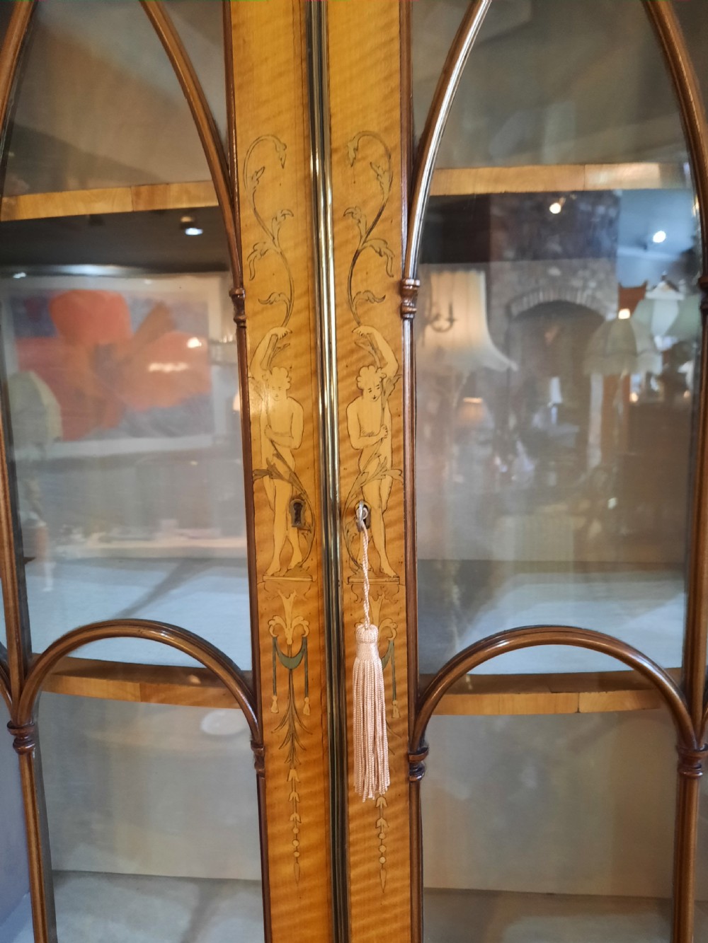 Late 19thC Satinwood Bowfronted Cabinet Bookcase View III
