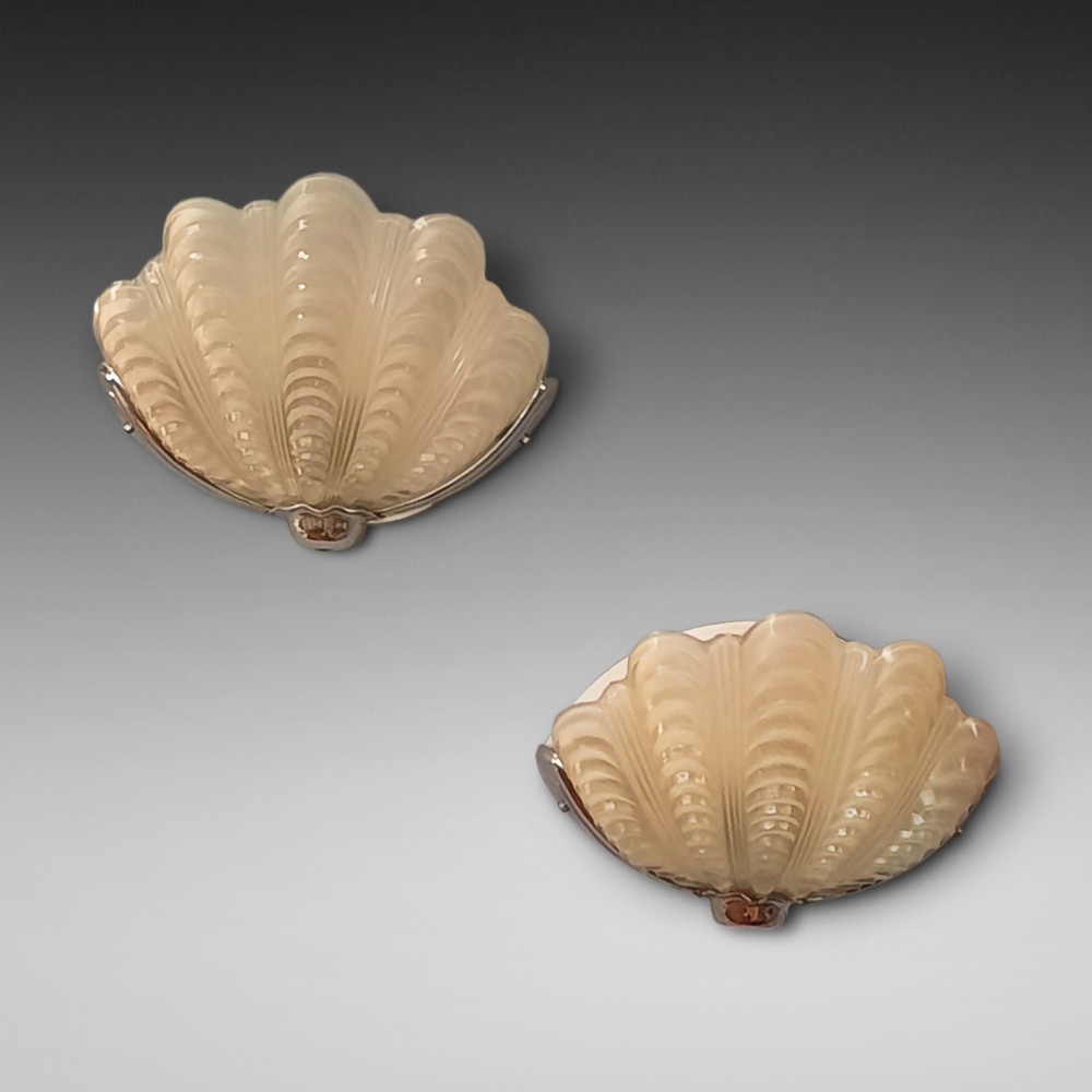 Pair of Art Deco Clam Shell Frosted Glass Wall Lamps