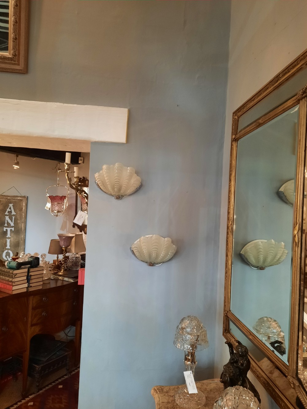 Pair of Art Deco Clam Shell Frosted Glass Wall Lamps View II