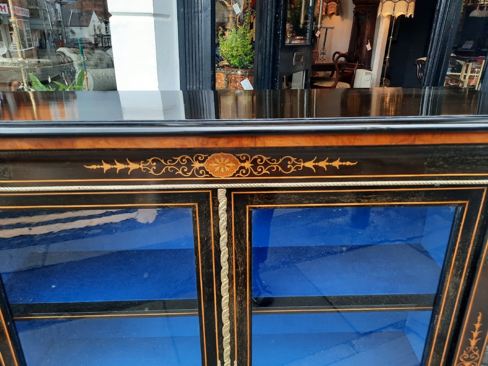 Victorian Gilt Metal Mounted Ebonised and Marquetry Pier Display Cabinet View VIII