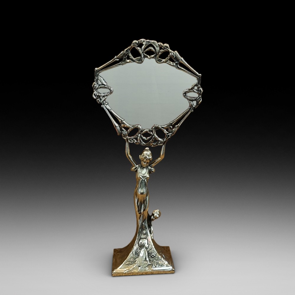 Art Nouveau Brass Figural Dressing Table Mirror