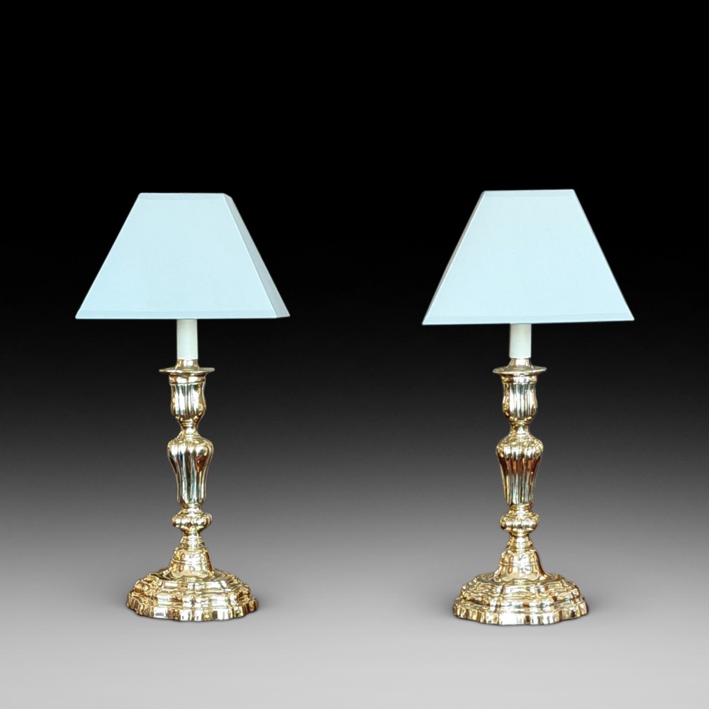 Pair of 19thC Rococo Brass Candlestick Lamps