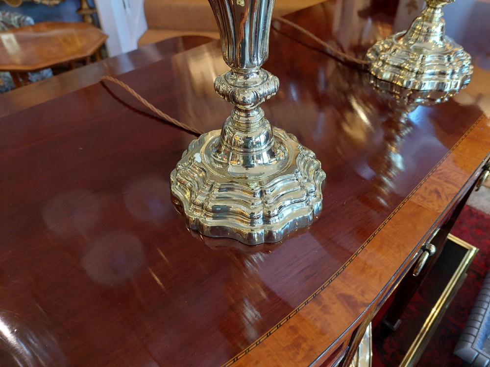 Pair of 19thC Rococo Brass Candlestick Lamps View II