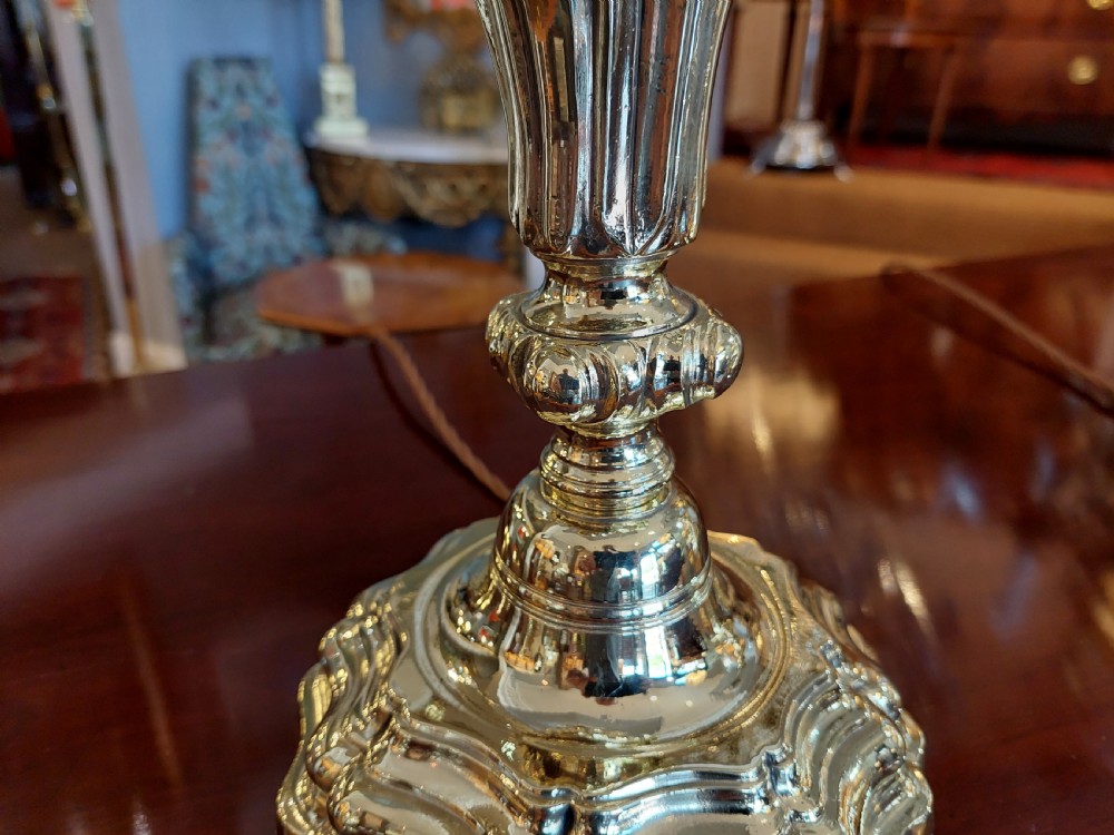 Pair of 19thC Rococo Brass Candlestick Lamps View III