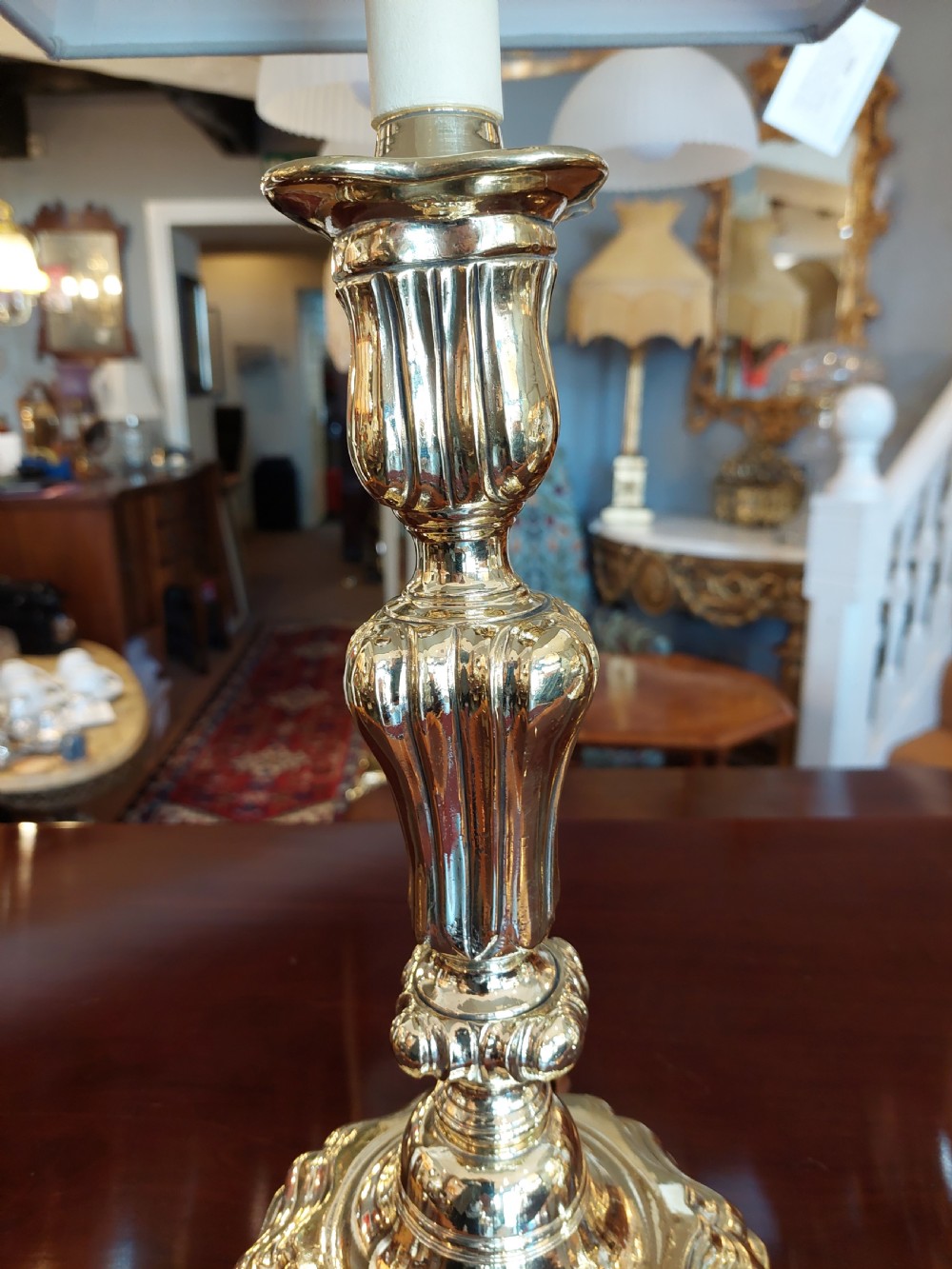 Pair of 19thC Rococo Brass Candlestick Lamps View IV