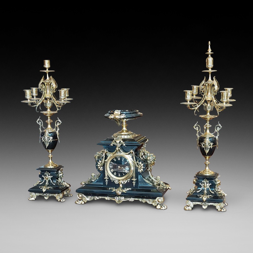 French Empire Slate and Ormalu Garniture Clock Set