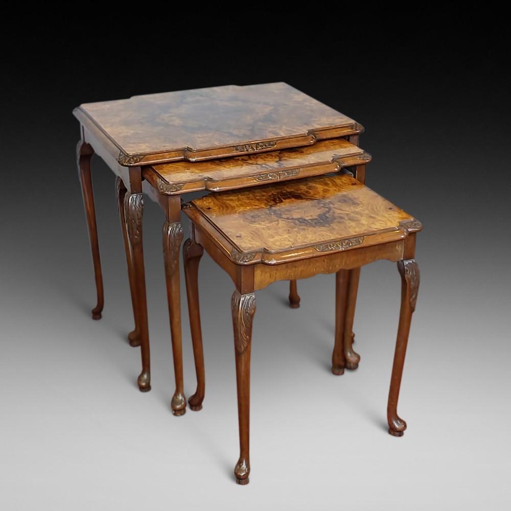 Early 20thC Nest of Three Black Burr Walnut Tables