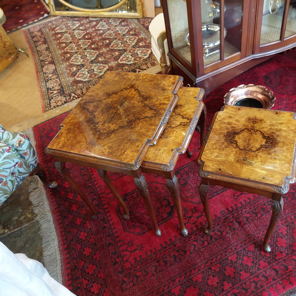 Early 20thC Nest of Three Black Burr Walnut Tables View V